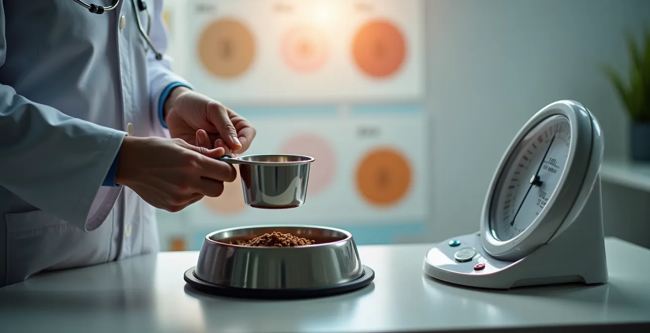 Tierarzt erklärt Diätplan mit Futtermessung für übergewichtiges Haustier