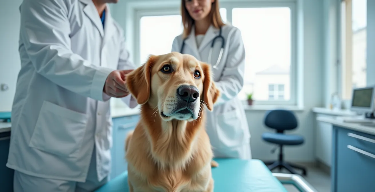 Ruhiger Hund während einer kooperativen tierärztlichen Untersuchung in einer deutschen Praxis