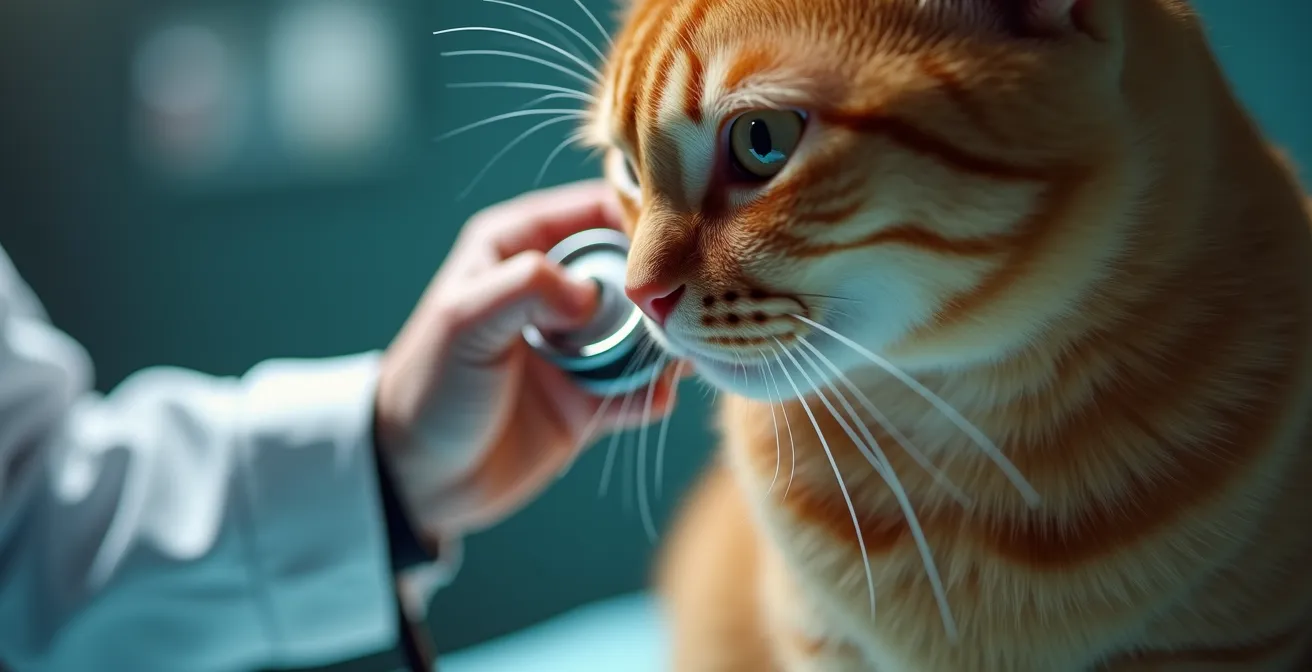 Tierarzt hört eine getigerte Katze mit einem Stethoskop auf dem Untersuchungstisch ab.