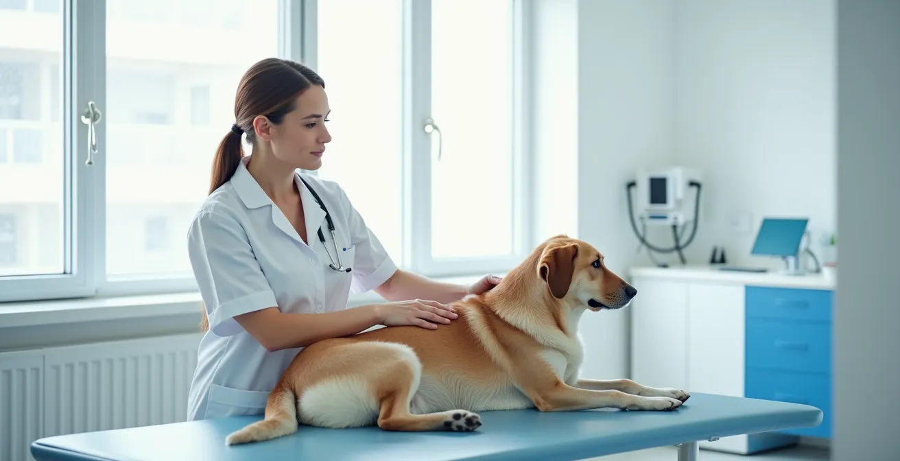 Tierärztin untersucht vorsichtig den Rücken eines Hundes in einer modernen deutschen Tierarztpraxis