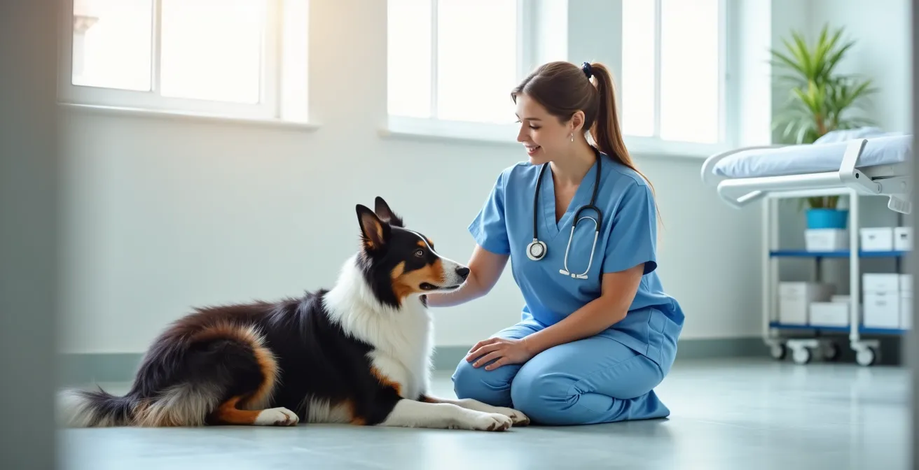 Tierärztin untersucht ruhig einen entspannten Hund in einer hellen Praxis