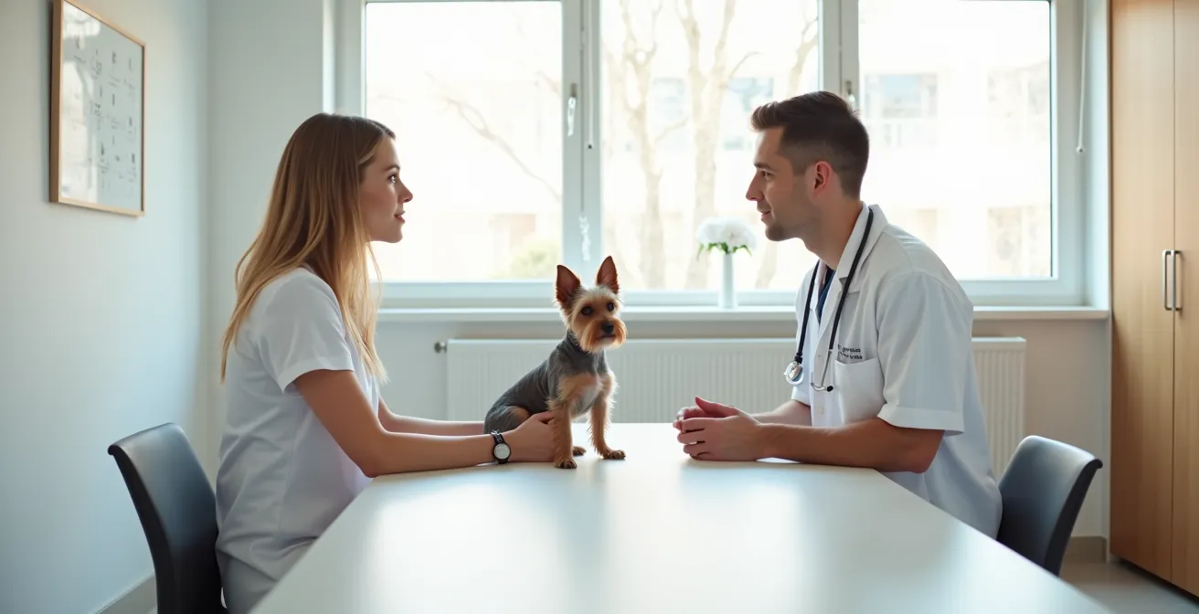 Eine Tierbesitzerin sitzt im hellen Behandlungsraum einem Tierarzt gegenüber und führt ein Beratungsgespräch, während ein kleiner Hund zwischen ihnen auf dem Tisch sitzt.