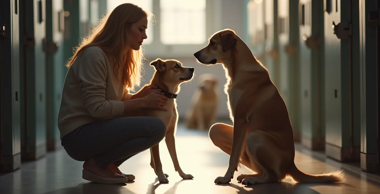 Emotionaler Moment der ersten Begegnung zwischen einem Menschen und einem Tierheimhund in einem deutschen Tierheim
