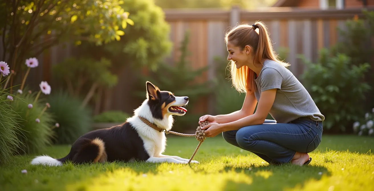 Ein professioneller Tiersitter spielt vertrauensvoll mit einem Hund im heimischen Garten