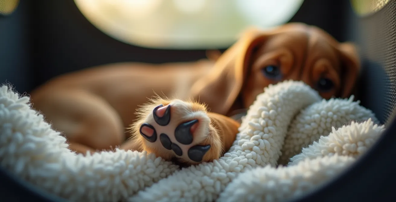 Ein Hund liegt entspannt in seiner offenen Transportbox, die mit einer weichen Decke und Spielzeug ausgelegt ist.