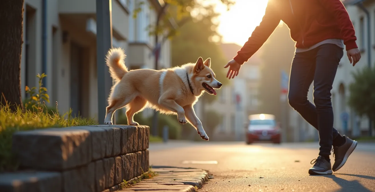 Hund balanciert auf niedriger Mauer beim städtischen Agility-Training