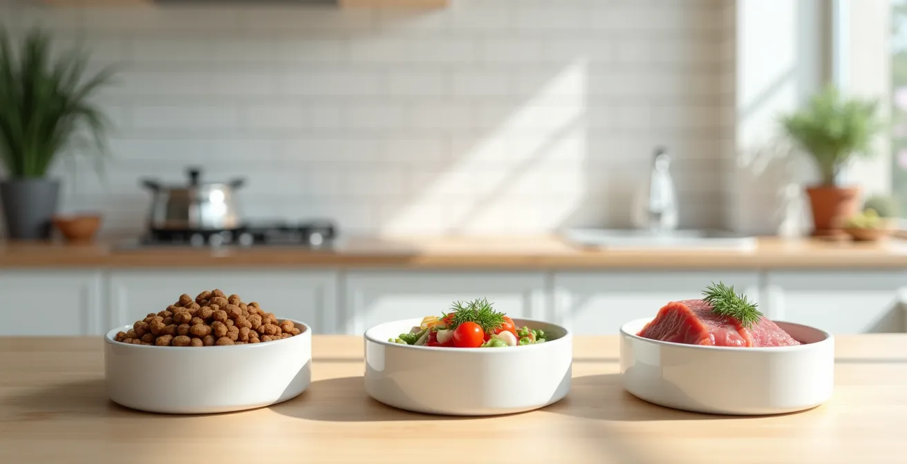 Drei Futternäpfe mit verschiedenen Fütterungsarten nebeneinander