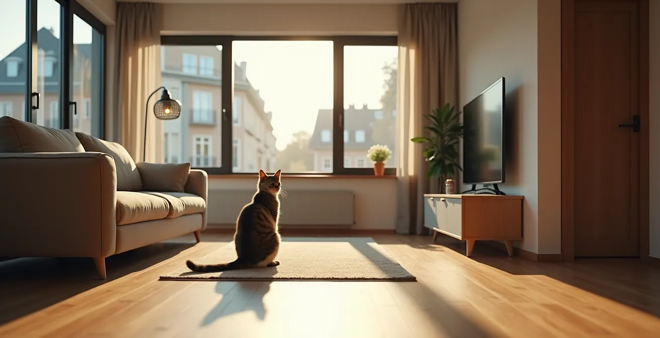 Eine Katze zeigt Rückzugsverhalten, indem sie sich in einer Ecke eines modern eingerichteten deutschen Apartments von der Familie abwendet.
