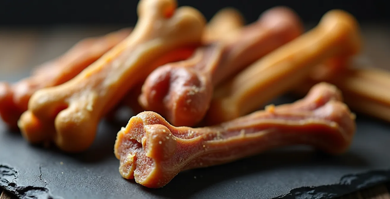 Makroaufnahme von beliebten Haustierleckerlis mit sichtbaren Texturen und Fettglanz