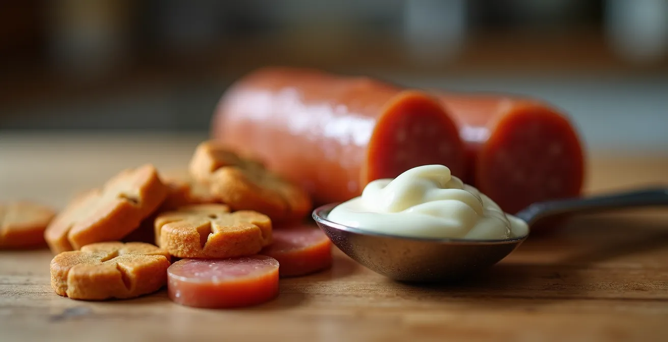 Makroaufnahme von typischen Kalorienbomben für Haustiere: ein Stück Fleischwurst, Hundekekse und ein Löffel Joghurt.