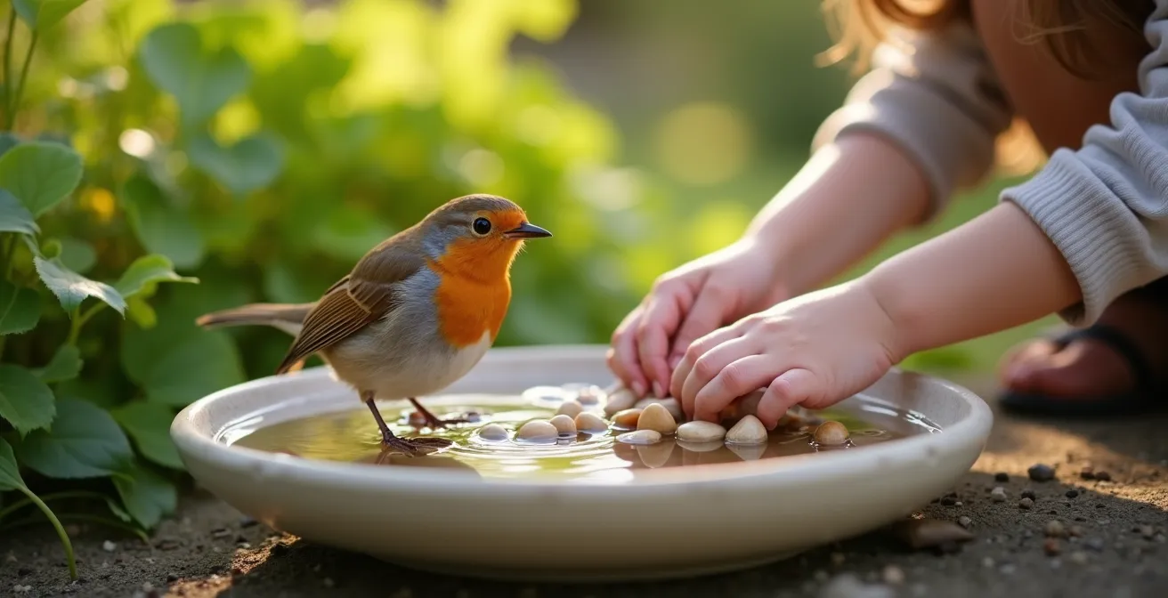 Eine flache Steinschale im Garten, gefüllt mit Wasser und Kieselsteinen, an der Vögel trinken und baden können.