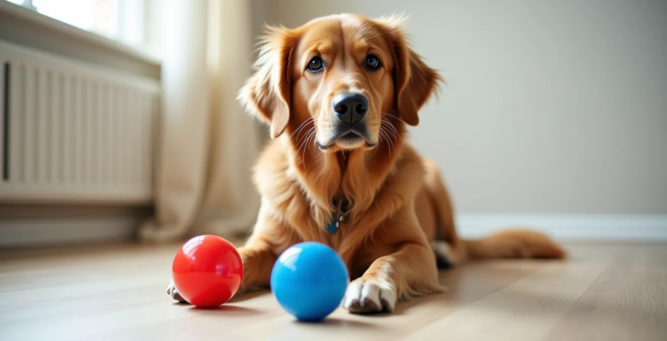 Hund wählt zwischen zwei Spielzeugen in einem hellen Raum mit natürlichem Licht