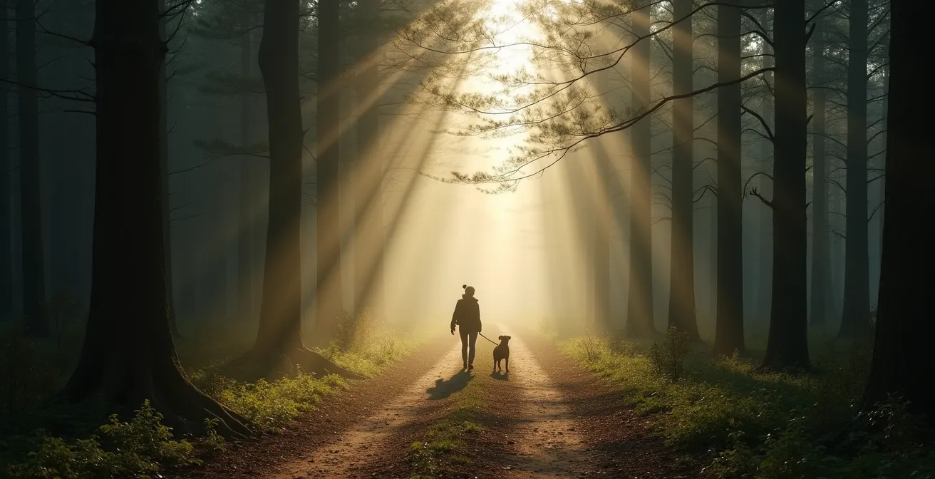 Ein Hund und sein Halter bei einem entspannten Spaziergang auf einem Waldweg zur Stressreduktion.