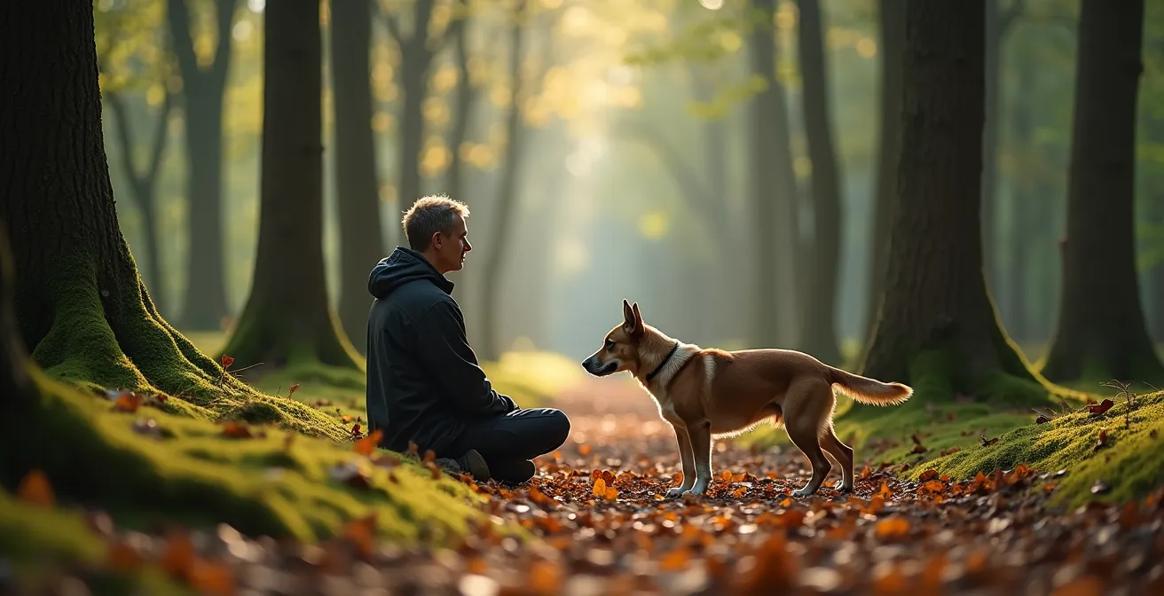 Hund und Mensch erleben gemeinsam achtsames Waldbaden mit verschiedenen Sinnesübungen