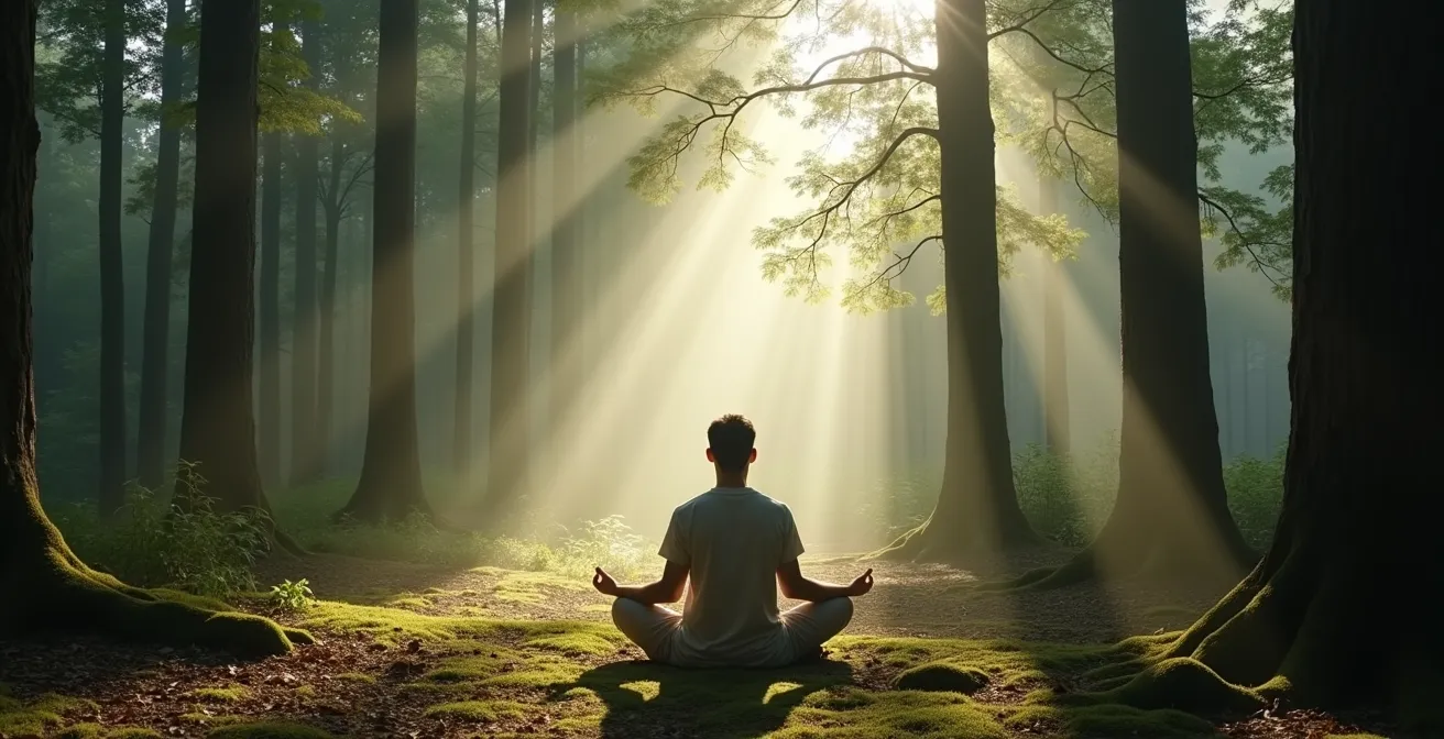 Person meditiert friedlich im sonnendurchfluteten deutschen Wald während einer Waldbaden-Session