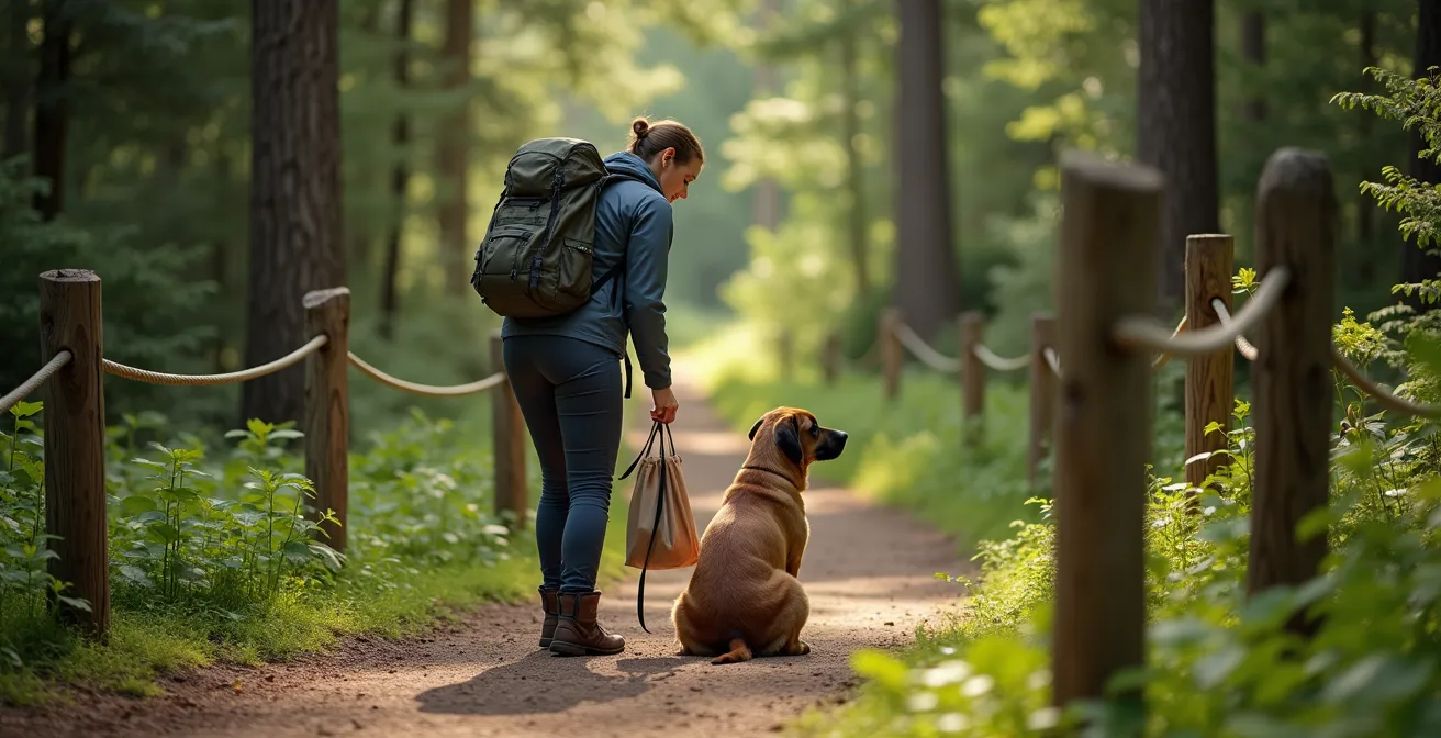 Wanderer auf markiertem Waldweg mit Hund an der Leine in deutschem Naturschutzgebiet