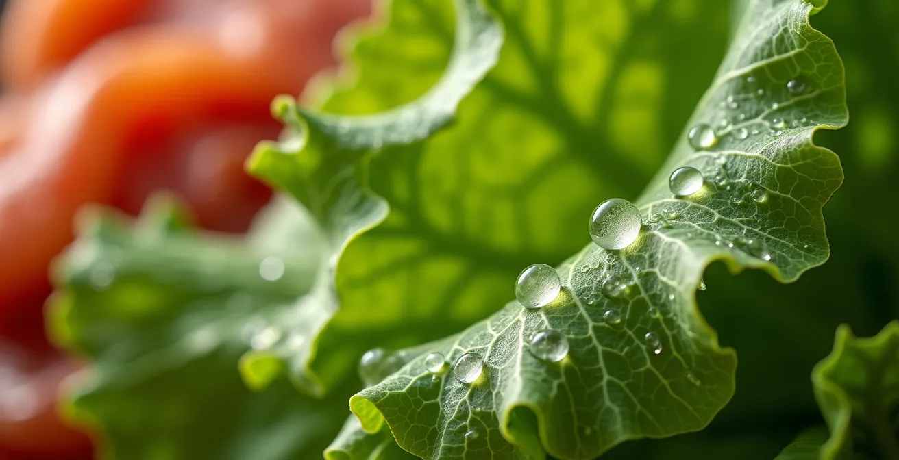 Makroaufnahme von Wassertropfen auf frischem Blattgemüse, das den hohen Wassergehalt symbolisiert, im Kontrast zu Fleisch im Hintergrund.