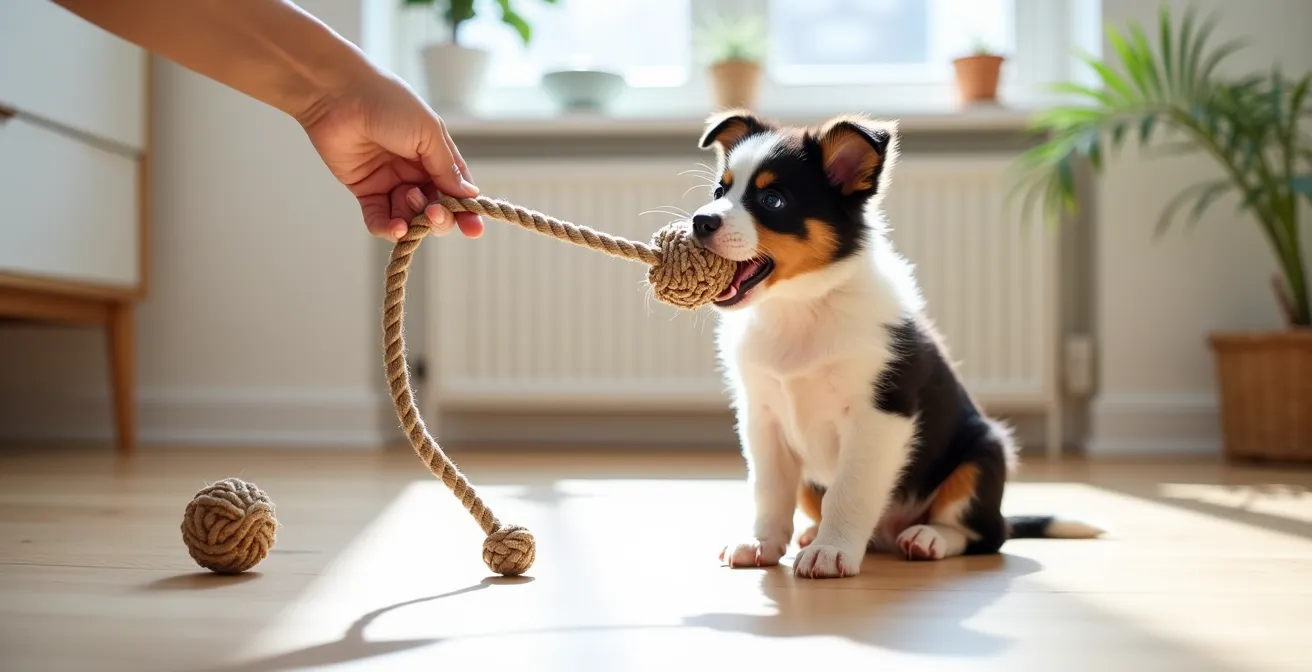 Ein Welpe lernt im Wohnzimmer spielerisch Beißhemmung, indem er ein Spielzeug anstelle einer Hand angeboten bekommt.