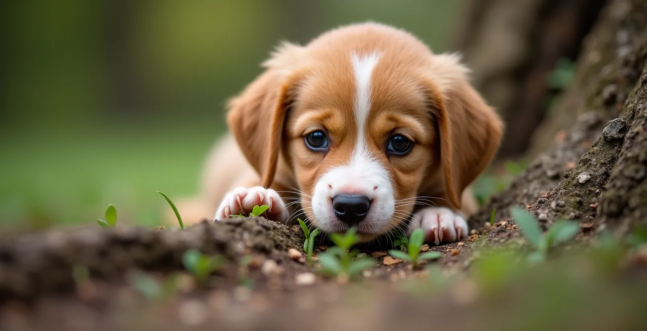 Nahaufnahme der neugierigen Augen eines Welpen, der seine Umgebung erkundet, symbolisch für die Entwicklungsphasen.