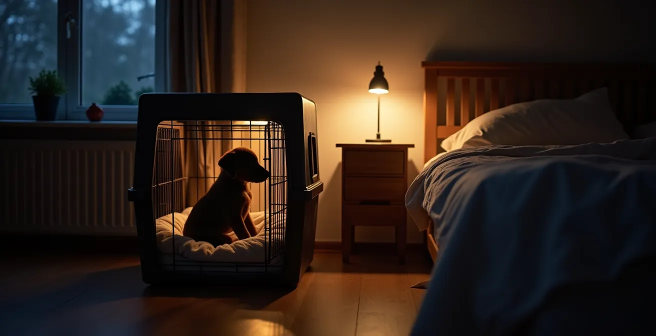 Welpe in seiner Box neben dem Bett, erste Nacht im neuen Zuhause