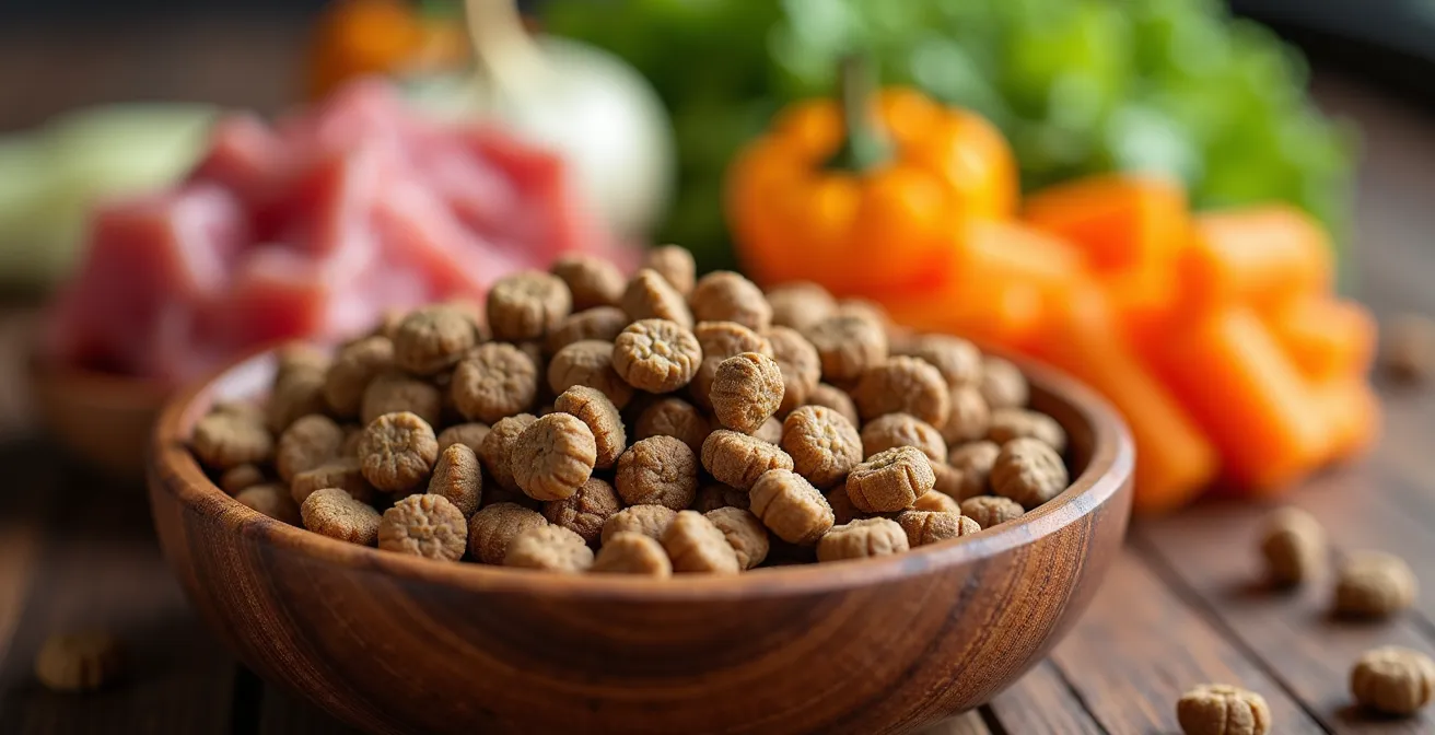 Makroaufnahme von hochwertigem Welpenfutter mit natürlichen Zutaten