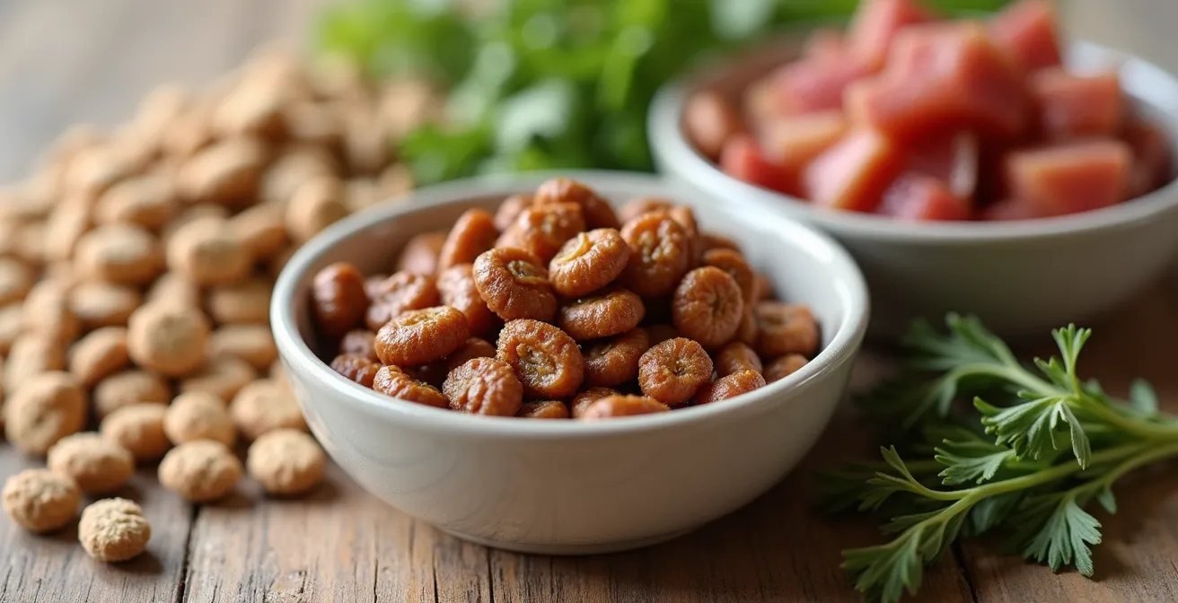 Verschiedene Futterarten für Welpen im visuellen Vergleich: Trockenfutter, Nassfutter und BARF-Zutaten nebeneinander.