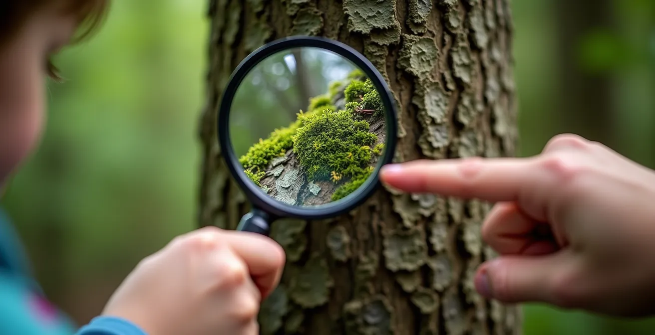 Kinder mit Naturpädagoge untersuchen Baumrinde mit Lupen im deutschen Wald