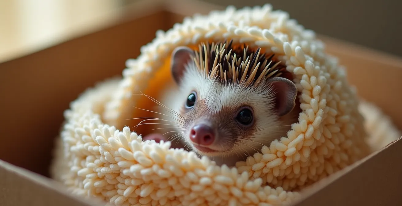 Verletztes Igelbaby in einem Karton, gesichert mit einem Handtuch und einer Wärmflasche zur Stabilisierung.