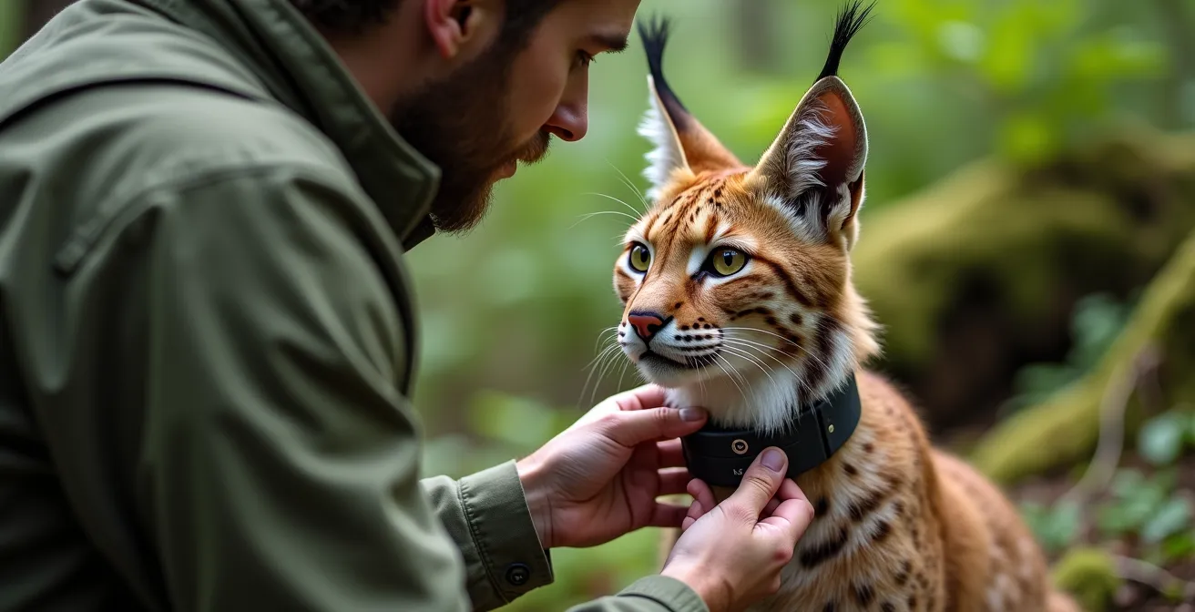 Nahaufnahme eines GPS-Halsbands an einem Luchs im deutschen Wald